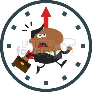 8277 Royalty Free RF Clipart Illustration Hurried African American Manager Running Past A Clock Modern Flat Design Vector Illustration clipart.