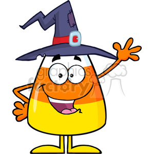 8885 Royalty Free RF Clipart Illustration Happy Candy Corn Cartoon Character With A Witch Hat Waving Vector Illustration Isolated On White clipart.