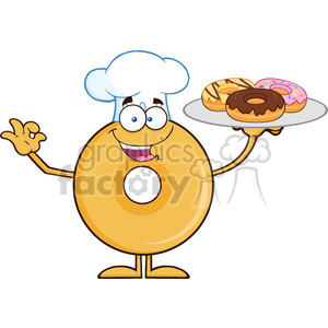 8662 Royalty Free RF Clipart Illustration Donut Cartoon Character Wearing A Chef Hat And Serving Donuts Vector Illustration Isolated On White clipart.
