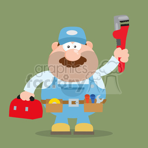 clipart - 8540 Royalty Free RF Clipart Illustration Mechanic Cartoon Character With Wrench And Tool Box Flat Style Vector Illustration With Background.