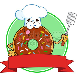 8691 Royalty Free RF Clipart Illustration Chocolate Chef Donut Cartoon Character With Sprinkles Circle Label Vector Illustration Isolated On White clipart.