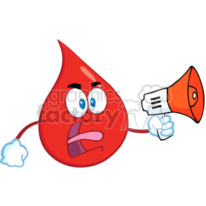 Royalty Free RF Clipart Illustration Angry Red Blood Drop Cartoon Mascot Character Screaming Into Megaphone clipart.