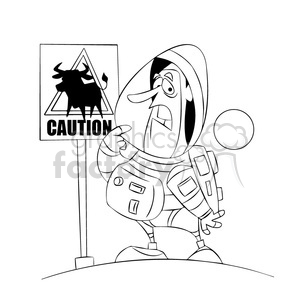 clipart - scott the astronaut cartoon character surprised by weird sign black white.