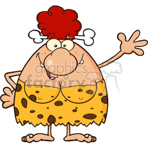 clipart - happy red hair cave woman cartoon mascot character waving vector illustration.