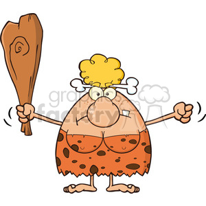 grumpy cave woman cartoon mascot character holding up a fist and a club vector illustration clipart.