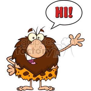 happy male caveman cartoon mascot character waving and saying hi vector illustration clipart.