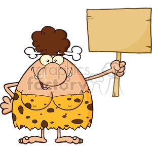 clipart - happy brunette cave woman cartoon mascot character holding a wooden board vector illustration.