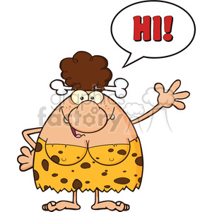 clipart - happy brunette cave woman cartoon mascot character waving and saying hi vector illustration.