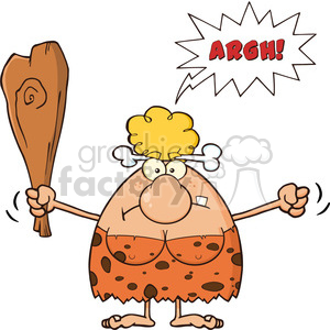 9986 angry cave woman cartoon mascot character holding up a fist and a club vector illustration with speech bubble and text argh clipart.