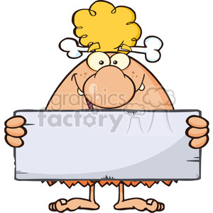 clipart - funny cave woman cartoon mascot character holding a stone blank sign vector illustration.