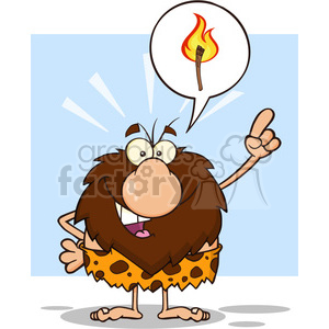smiling male caveman cartoon mascot character with good idea vector illustration with speech bubble and fiery torch clipart.