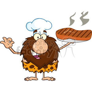 clipart - chef male caveman cartoon mascot character holding up a platter with big grilled steak and gesturing ok vector illustration.