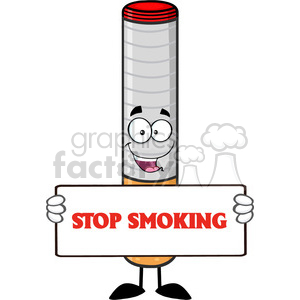 royalty free rf clipart illustration electronic cigarette cartoon mascot character holding a sign vector illustration with text stop smoking isolated on white background .