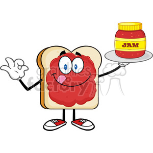 royalty free rf clipart illustration bread slice cartoon character with jam holding a jar of jam vector illustration isolated on white background .
