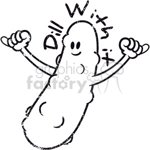 cartoon character dill with it pickle distressed vector art black white clipart.