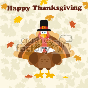 clipart - Thanksgiving Turkey Bird Wearing A Pilgrim Hat Under Happy Thanksgiving Text Vector Flat Design Over Background With Autumn Leaves.