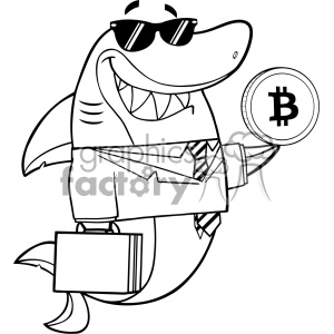 clipart - Black And White Smiling Business Shark Cartoon In Suit Carrying A Briefcase And Holding A Bitcoin Vector.