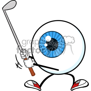 clipart - Blue Eyeball Golfer Cartoon Mascot Character Swinging A Club Vector.