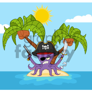 clipart - Royalty Free RF Clipart Illustration Angry Pirate Octopus Cartoon Mascot Character With A Sword Gun And Hook On A Tropical Island Vector Illustration With Background.