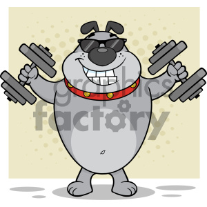 Smiling Gray Bulldog Cartoon Mascot Character With Sunglasses Working Out With Dumbbells Vector Illustration With Halftone Background Isolated On White clipart.