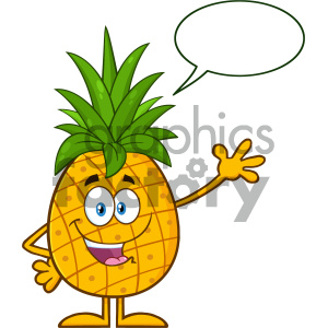 Happy Pineapple Fruit With Green Leafs Cartoon Mascot Character Waving For Greeting With Speech Bubble clipart.