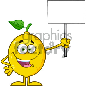 clipart - Royalty Free RF Clipart Illustration Happy Yellow Lemon Fresh Fruit With Green Leaf Cartoon Mascot Character Holding A Blank Sign Vector Illustration Isolated On White Background.