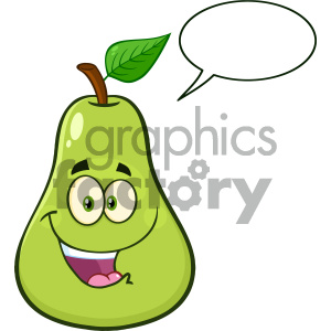 Royalty Free RF Clipart Illustration Happy Pear Fruit With Green Leaf Cartoon Mascot Character Vector Illustration Isolated On White Background With Speech Bubble clipart.