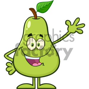 Royalty Free RF Clipart Illustration Happy Pear Fruit With Green Leaf Cartoon Mascot Character Waving For Greeting Vector Illustration Isolated On White Background clipart. Royalty-free image # 404464