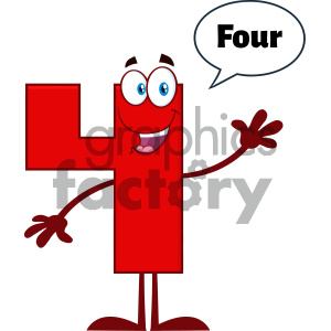 Happy Red Number Four Cartoon Mascot Character Waving For Greeting With Speech Bubble And Text Four clipart.