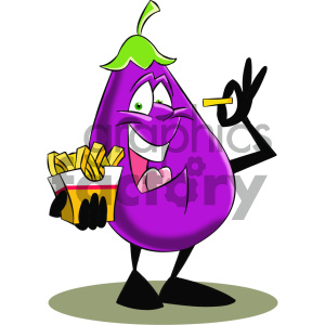 clipart - cartoon eggplant eating french fries.