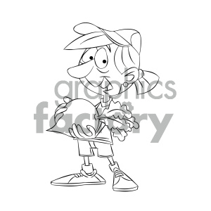 black and white cartoon girl holding huge radish clipart. Commercial use image # 405600