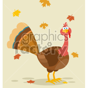 Thanksgiving Turkey Bird Cartoon Mascot Character Vector Illustration Flat Design With Background And Autumn Leaves clipart.