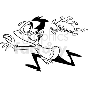 clipart - black and white cartoon man being chased by coronavirus vector illustration.