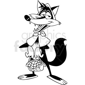 black and white cartoon wolf holding basket vector clipart .