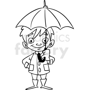 black and white cartoon child holding umbrella vector clipart. Royalty-free image # 412861
