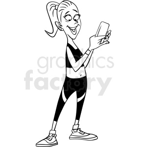 clipart - black and white woman laughing at her phone vector clipart.
