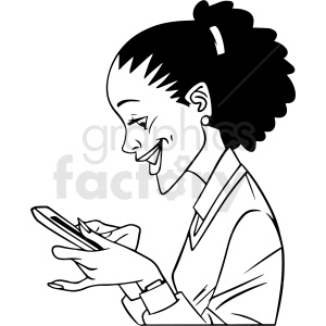 clipart - black and white african american girl laughing at her phone vector clipart.
