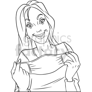 clipart - black and white girl removing mask vector clipart.