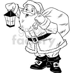 black and white cartoon Santa Clause holding lantern clipart .