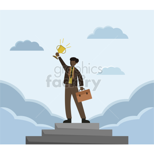 business black man holding a trophy vector graphic clipart.