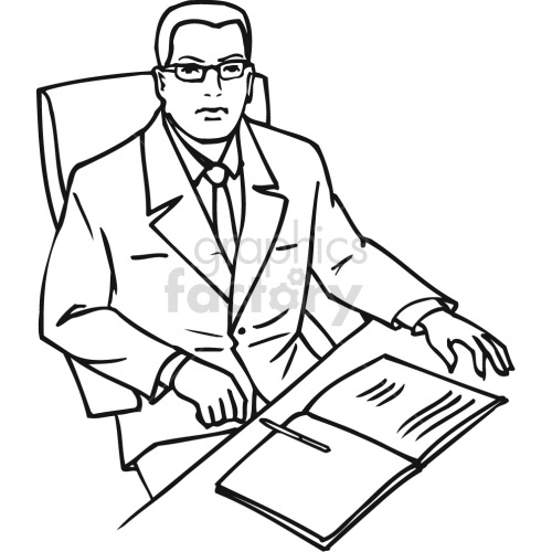 lawyer going over documents black white clipart.