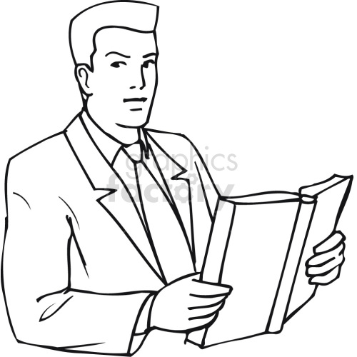 man reading from large book black white clipart.