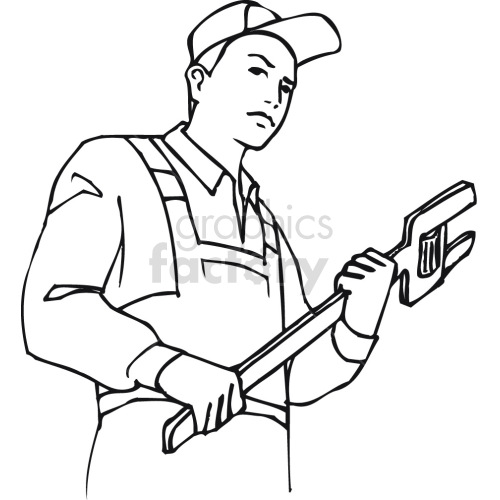 mechanic holding large wrench black white