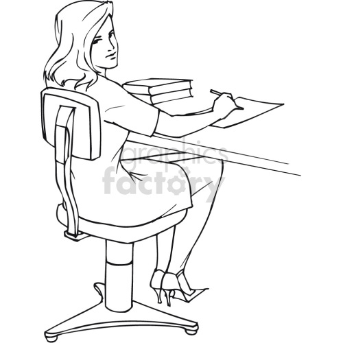 female sitting at desk black white clipart.