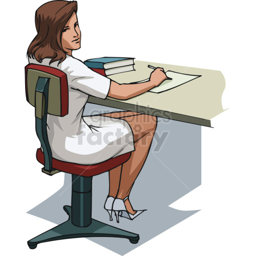 female sitting at desk clipart.