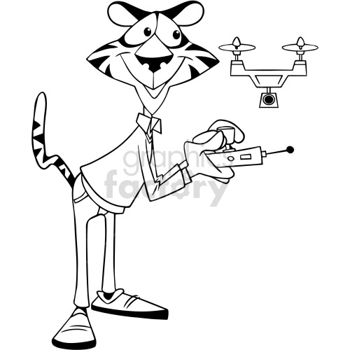 black and white cartoon tiger flying drone clipart .
