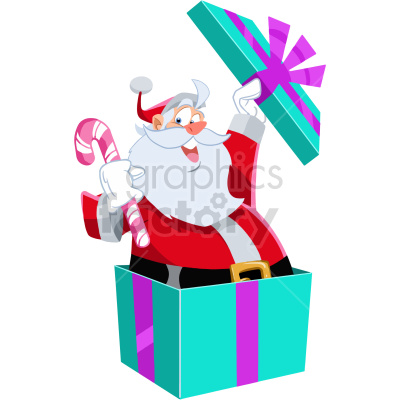 cartoon santa busting out of gift vector clipart