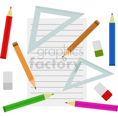 The clipart image shows a collection of various art supplies commonly used in education settings, including pencils, markers, and paper.