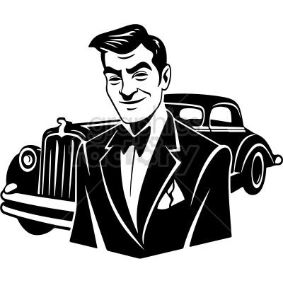 black and white vintage smiling car salesman vector clip art