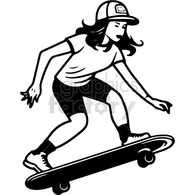 black and white girl riding skateboard vector clip art